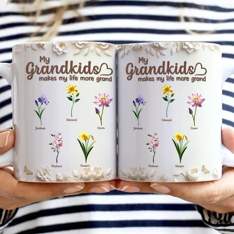 Gift For Mother,Gift For Grandma,Love - My Grandkids Make My Life Grandma 3D Pottery Effect Birth Flower - Personalized White Edge-to-Edge Mug