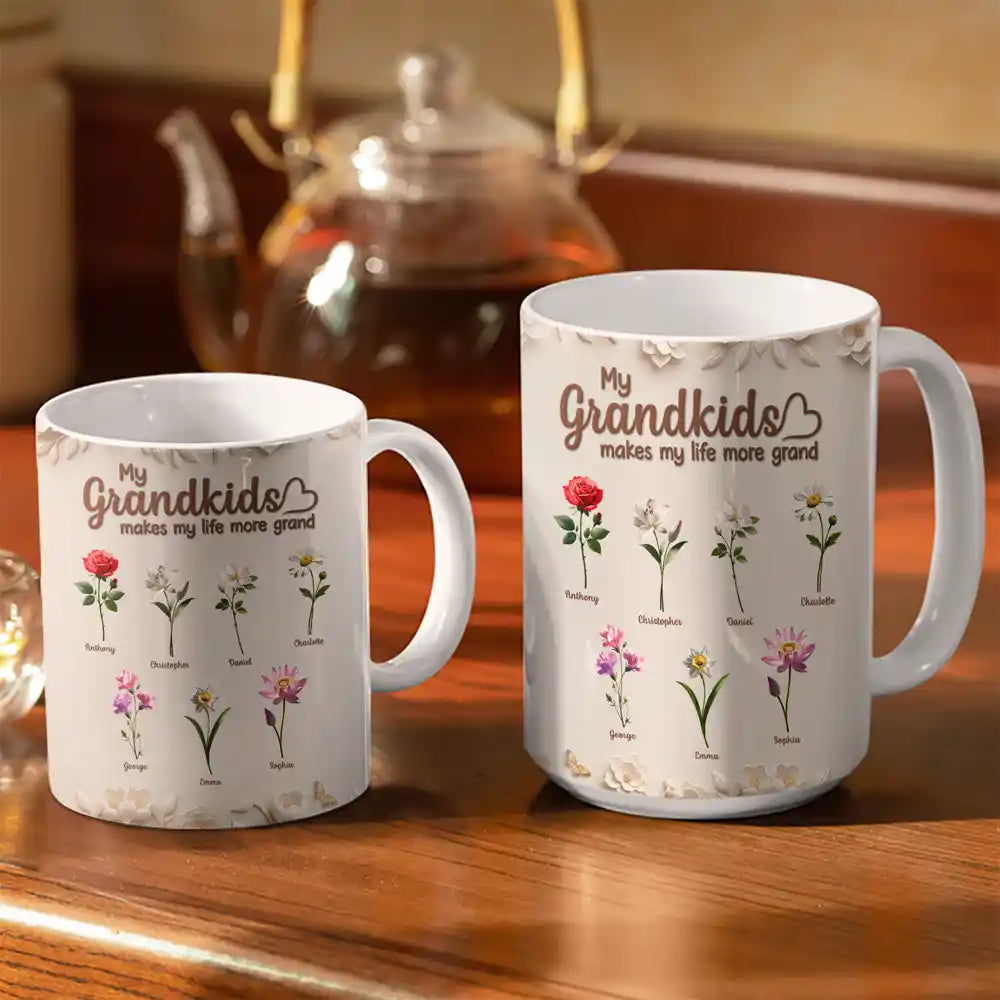 Gift For Mother,Gift For Grandma,Love - My Grandkids Make My Life Grandma 3D Pottery Effect Birth Flower - Personalized White Edge-to-Edge Mug