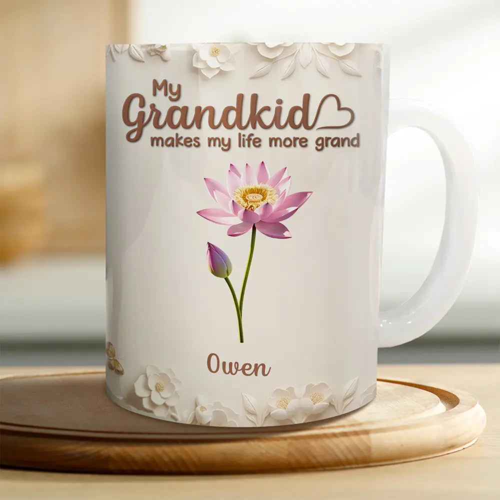 My Grandkids Make My Life Grandma 3D Pottery Effect Birth Flower - Personalized White Edge-to-Edge Mug