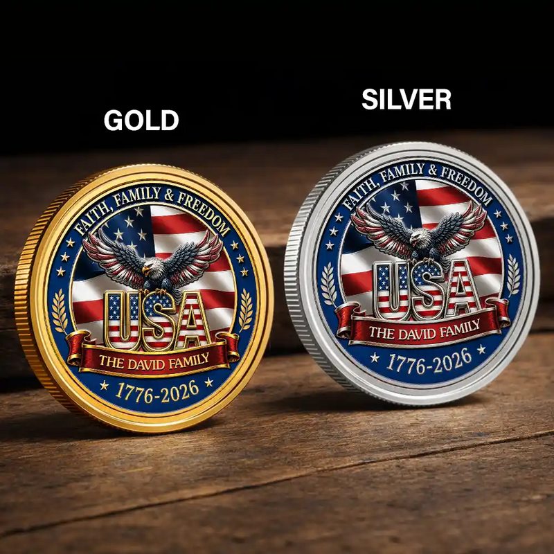 America 250th,Custom Photo,Independence Day,Gift For Yourself,Proud,Upload Full Photo - Custom Photo Stars And Stripes Faith, Family & Freedom - Personalized Commemorative Keepsake Coin