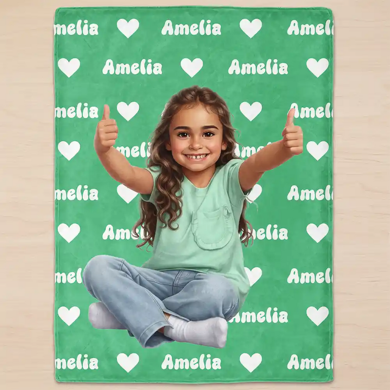 Top Market,Adorable,Art Design,Gift For Kids,Photo - Cartoon Portrait - Custom Photo Cartoon Portrait Kid Name & Heart Pattern - Personalized Fleece Blanket, Sherpa Blanket