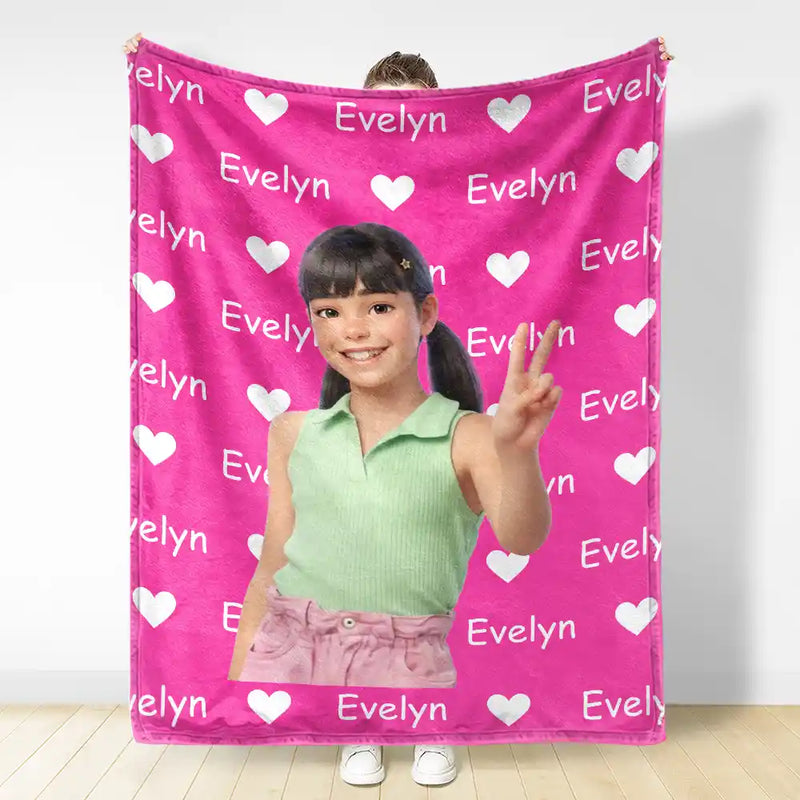 Top Market,Adorable,Art Design,Gift For Kids,Photo - Cartoon Portrait - Custom Photo Cartoon Portrait Kid Name & Heart Pattern - Personalized Fleece Blanket, Sherpa Blanket