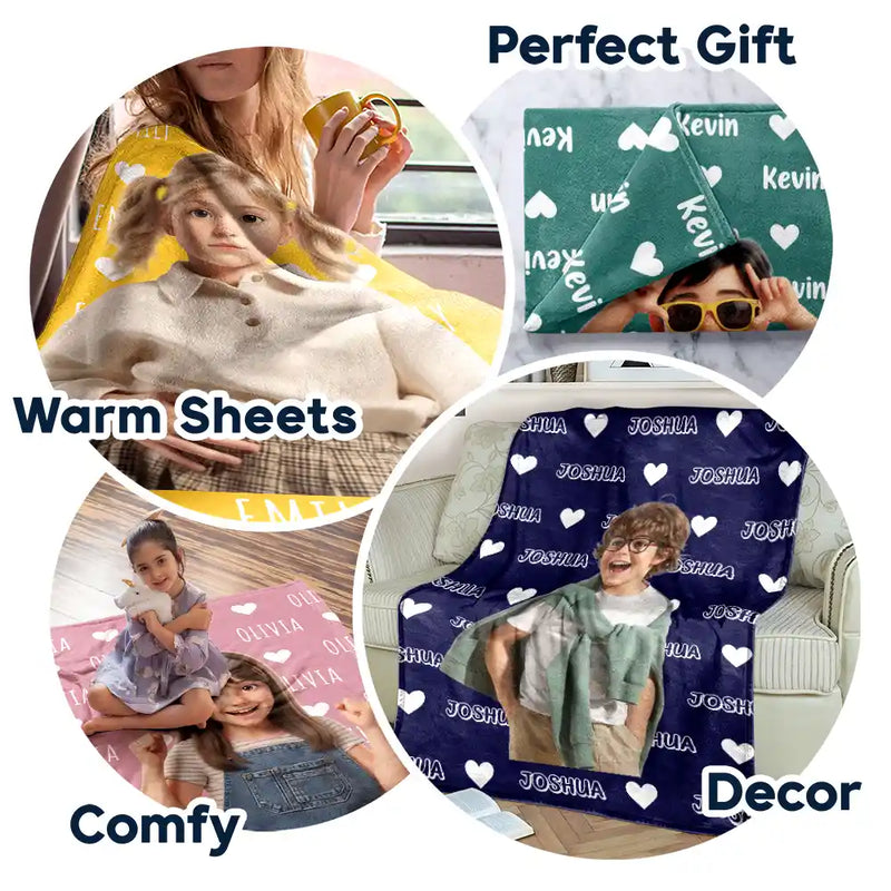 Top Market,Adorable,Art Design,Gift For Kids,Photo - Cartoon Portrait - Custom Photo Cartoon Portrait Kid Name & Heart Pattern - Personalized Fleece Blanket, Sherpa Blanket