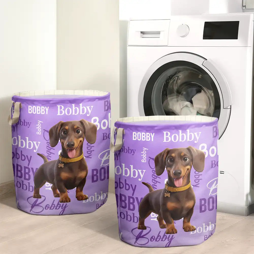 Art Design,Custom Photo,Happy,Pet Lovers,Photo - Cartoon Portrait - Gift For Pet Mom - Personalized Custom Photo Name Pet Portrait Laundry Basket, Storage Basket