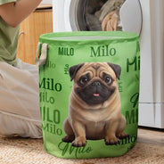 Art Design,Custom Photo,Happy,Pet Lovers,Photo - Cartoon Portrait - Gift For Pet Mom - Personalized Custom Photo Name Pet Portrait Laundry Basket, Storage Basket