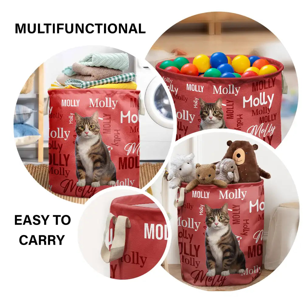 Art Design,Custom Photo,Happy,Pet Lovers,Photo - Cartoon Portrait - Gift For Pet Mom - Personalized Custom Photo Name Pet Portrait Laundry Basket, Storage Basket