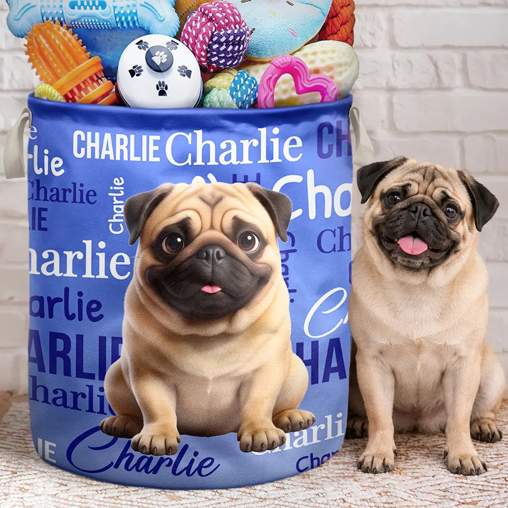 Art Design,Custom Photo,Happy,Pet Lovers,Photo - Cartoon Portrait - Gift For Pet Mom - Personalized Custom Photo Name Pet Portrait Laundry Basket, Storage Basket