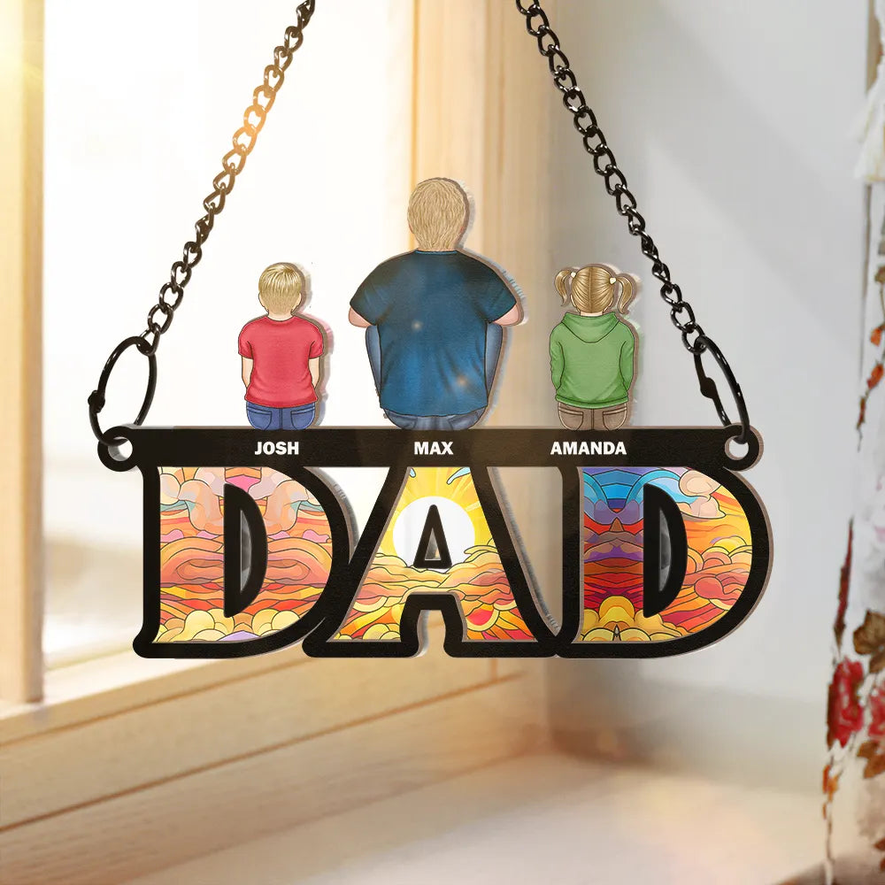 Dad And His Children - Personalized Window Hanging Suncatcher Ornament