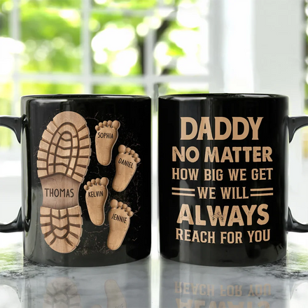 Dad And Kids Footsteps No Matter How Big We Get - Personalized Black Mug