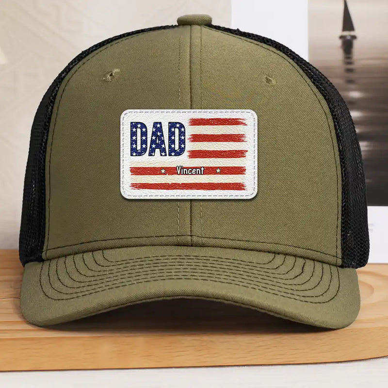 Gift For Father, Gift For Grandpa, Independence Day, Happy - Dad Grandpa America Flag Brush Stroke - Personalized Leather Patch Hat