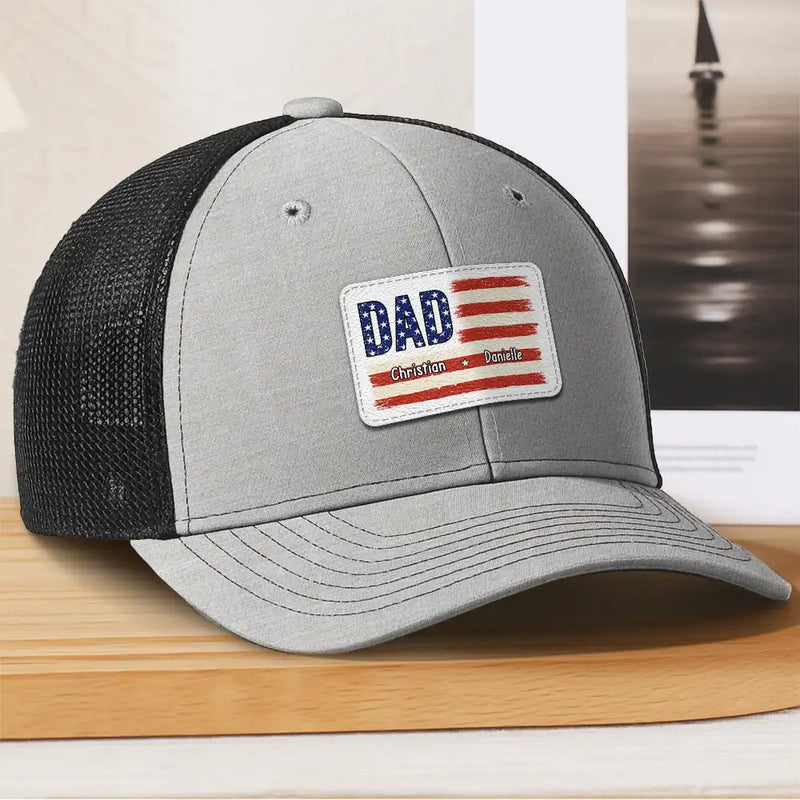 Gift For Father, Gift For Grandpa, Independence Day, Happy - Dad Grandpa America Flag Brush Stroke - Personalized Leather Patch Hat