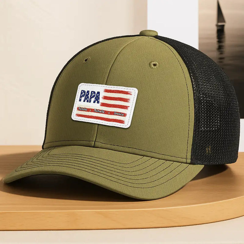 Gift For Father, Gift For Grandpa, Independence Day, Happy - Dad Grandpa America Flag Brush Stroke - Personalized Leather Patch Hat