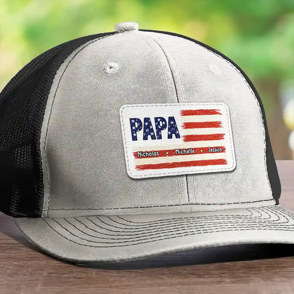 Dad Grandpa America Flag Brush Stroke - Personalized Leather Patch Hat