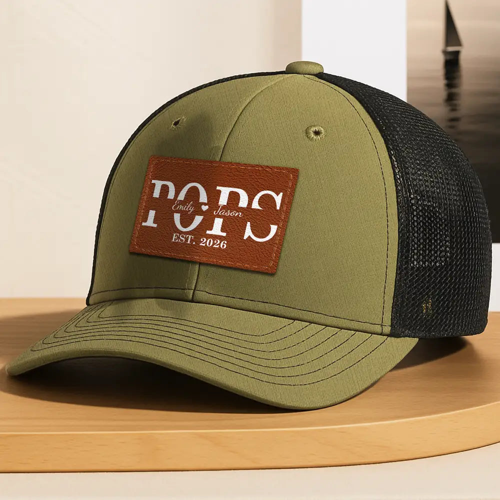 Gift For Father,Dad - Children,Gift For Grandpa,Special Font,Adorable - Dad Grandpa Est - Personalized Leather Patch Hat