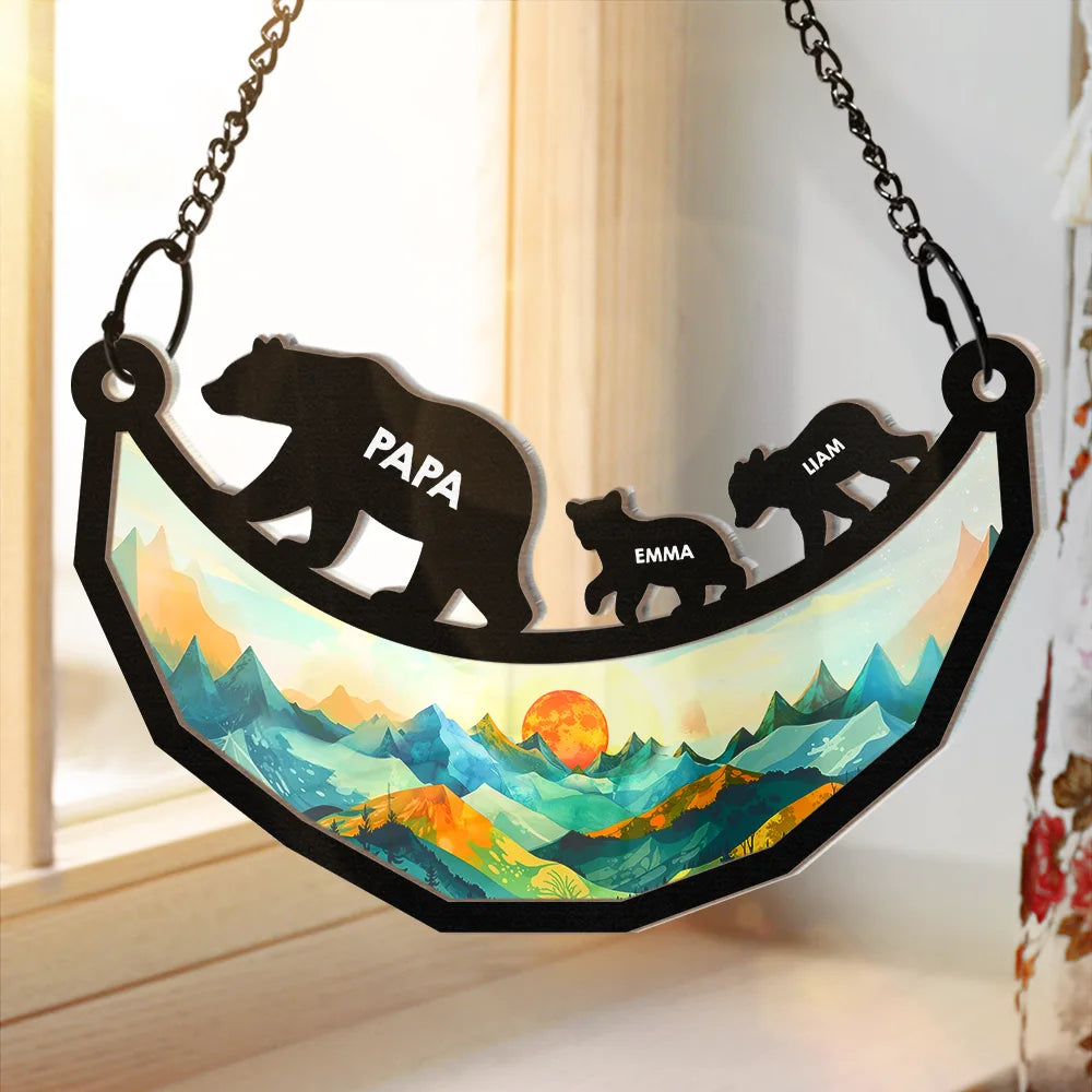 Dad Grandpa Papa Bear And Cubs - Personalized Window Hanging Suncatcher Ornament