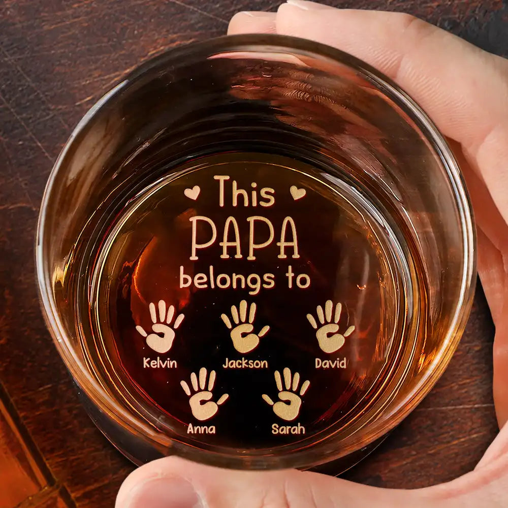 Dad Kid Handprints This Papa Belongs To - Personalized Engraved Whiskey Glass