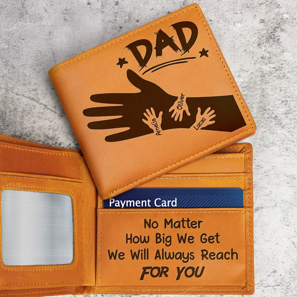 Gift For Father, Gift For Grandpa, Love - Dad Papa Grandpa Hand In Hand No Matter How Big We Get - Personalized Engraved Leather Wallet