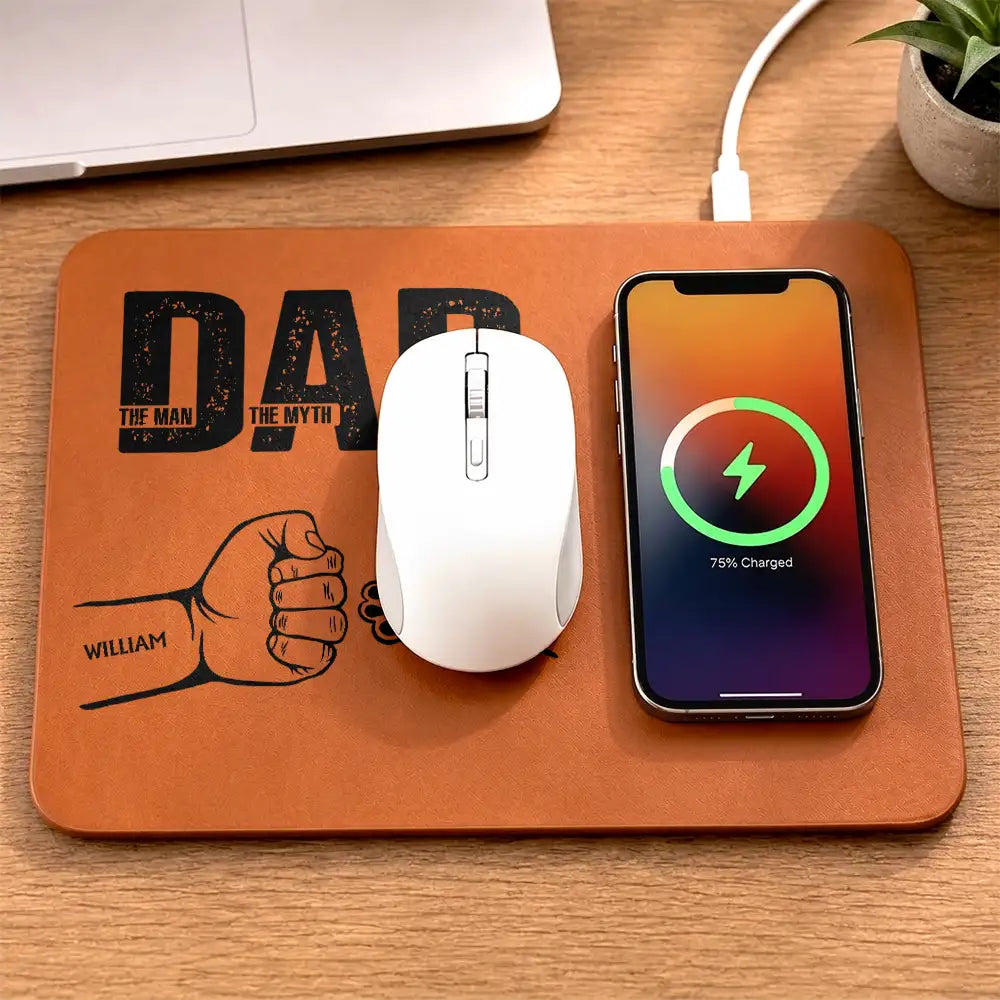 Gift For Father,Top Market,Non-Eng,Icon,Confident - Dad The Man The Myth The Legend Hand Punch - Personalized Leather Charging Mat