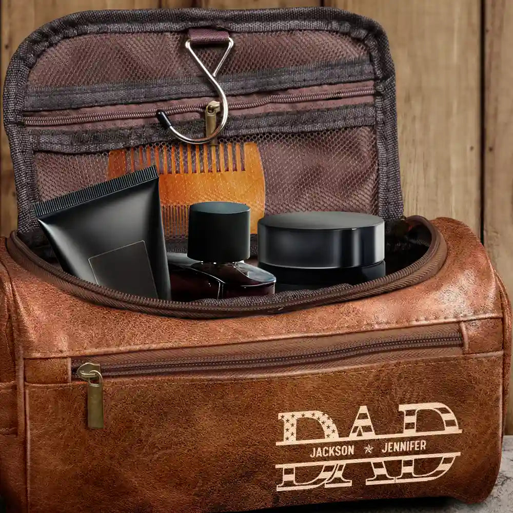 Dad We Love You With Kids Names - Personalized Leather Toiletry Bag