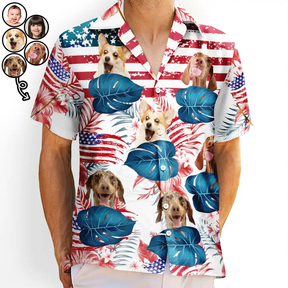 Custom Photo Funny Family Pet Face Stars And Stripes - Gift For Men, Dog And Cat Lovers - Personalized Custom Hawaiian Shirt