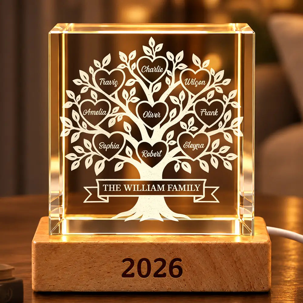 Gift For Family Parents Grandparents - Personalized Family Tree Crystal Cube Lamp