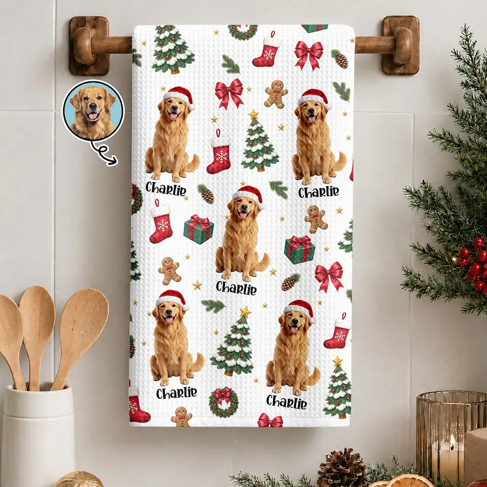 Art Design,Christmas,Custom Photo,Pet Lovers,Photo - Christmas Accessories 3D Cartoon Pet,Playful,Top Market - Christmas Gift For Pet Mom - Personalized Custom Photo Pet Name Festive Pattern Kitchen Towel
