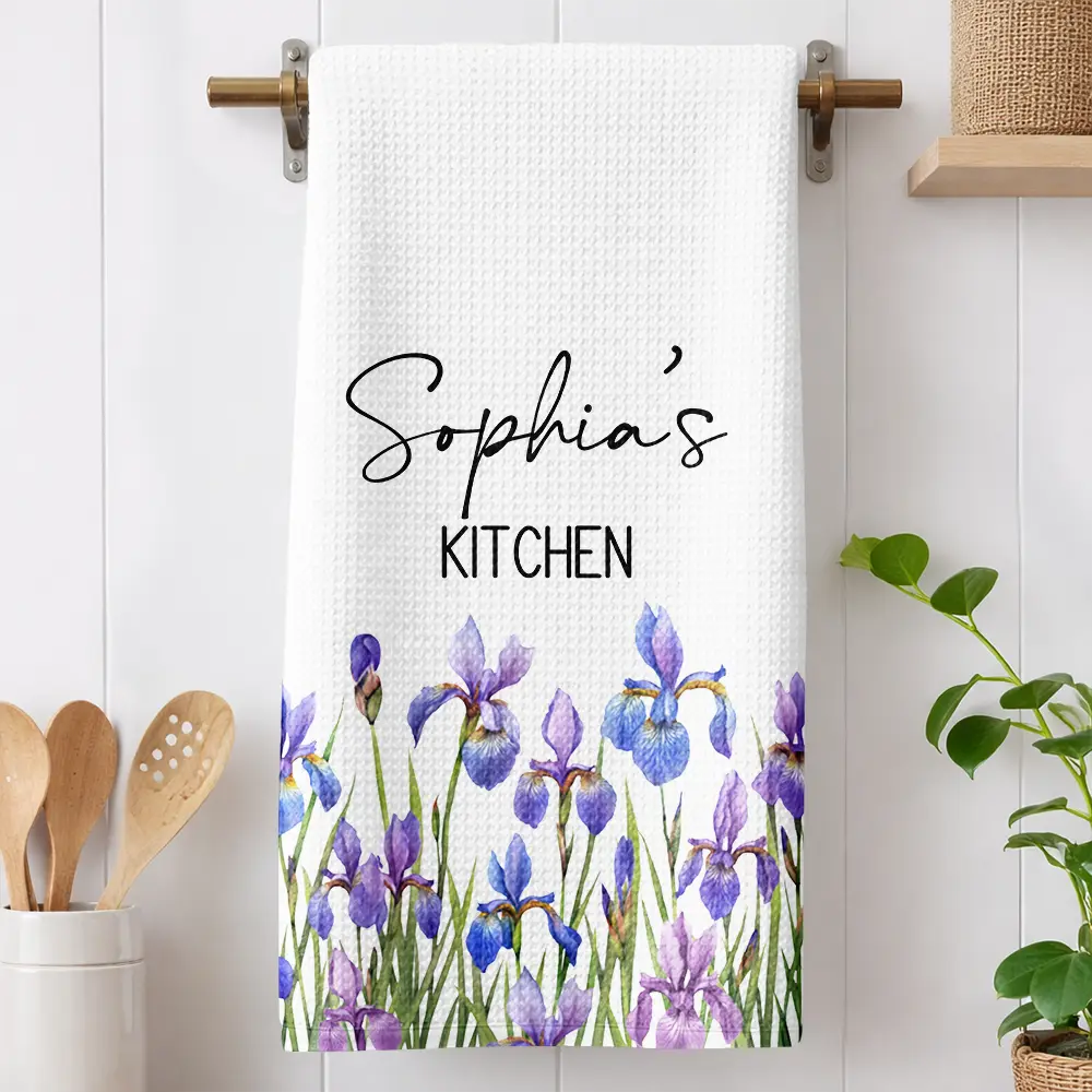 Gift For Wife, Gift For Mother, Gift For Grandma, Happy - Mom Grandma Kitchen Watercolor Birth Flower - Personalized Kitchen Towel