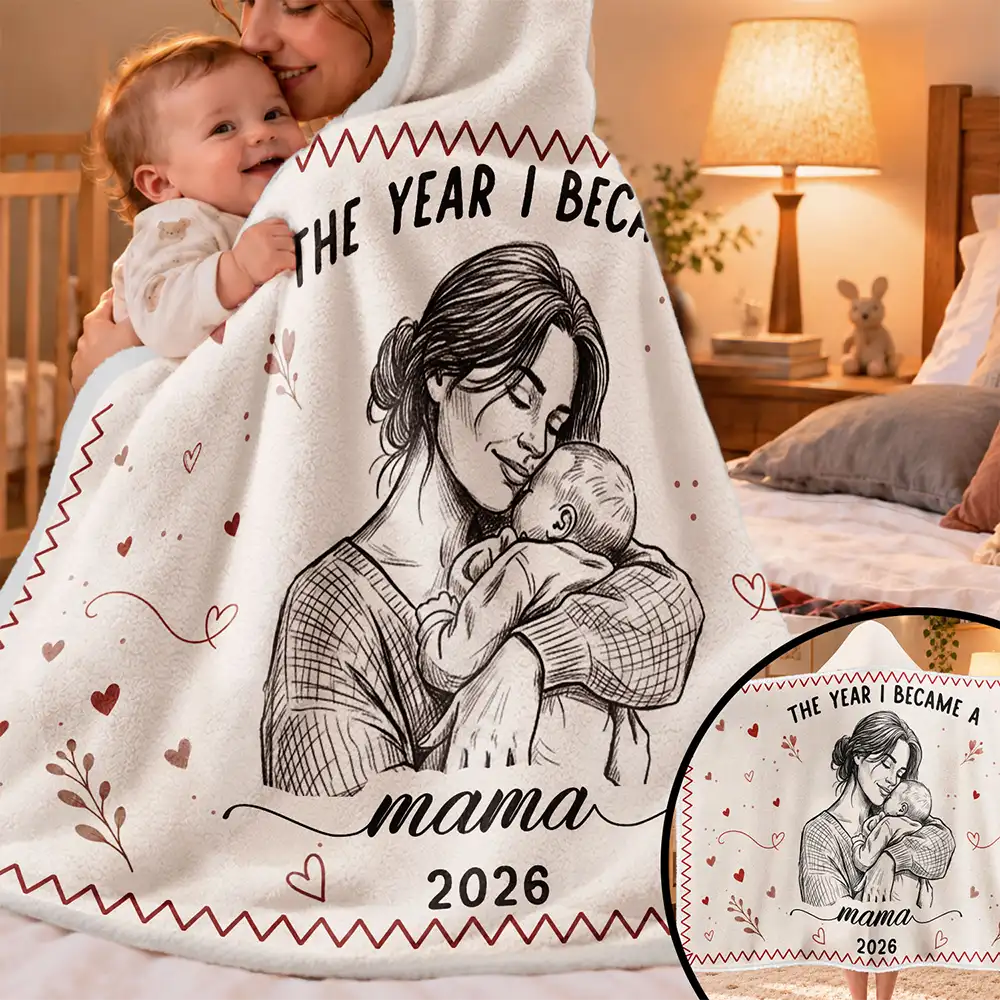 Gift For New Mom - Personalized Custom Photo Pencil Sketch The Year I Became A Mama Wearable Hooded Blanket