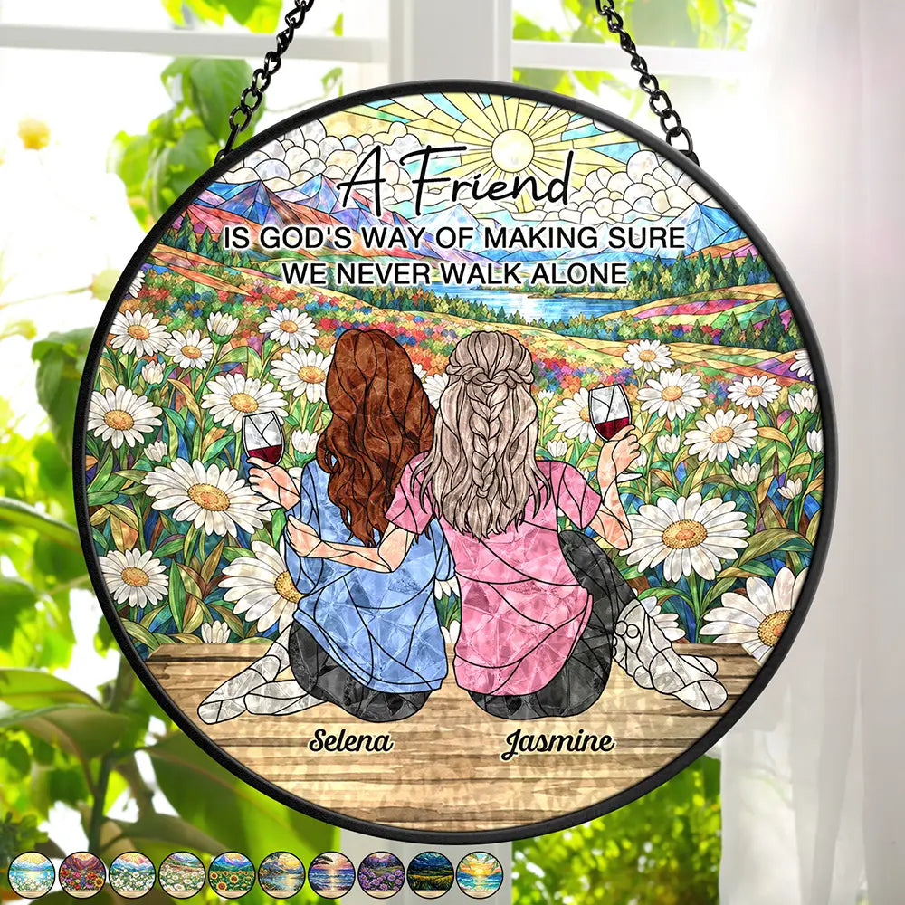 Afro Besties, Christmas, Gift For Bestie, Old Besties, Sentimental, Vector - Bestie Keepsake Just Because Gift - Personalized We Never Walk Alone Stained Glass Window Hanging Suncatcher