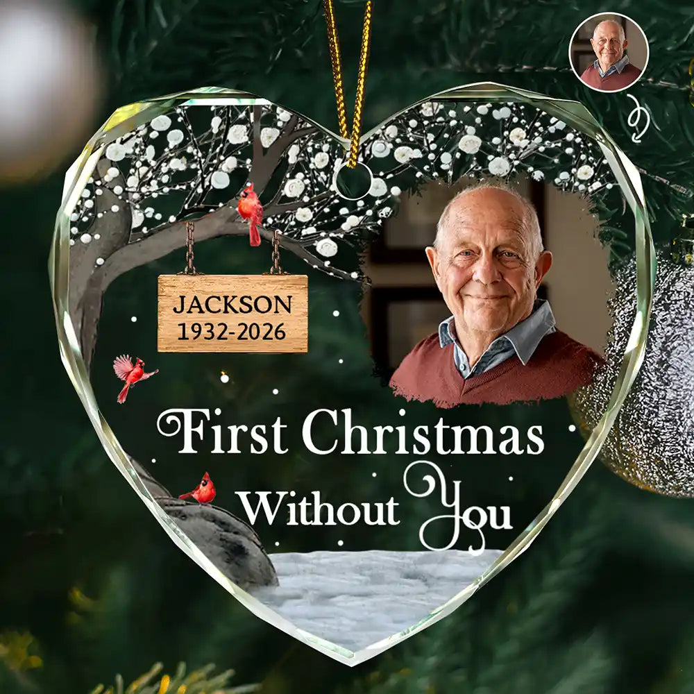 Custom Photo Memorial First Christmas Without You - Personalized Heart Shaped Glass Ornament