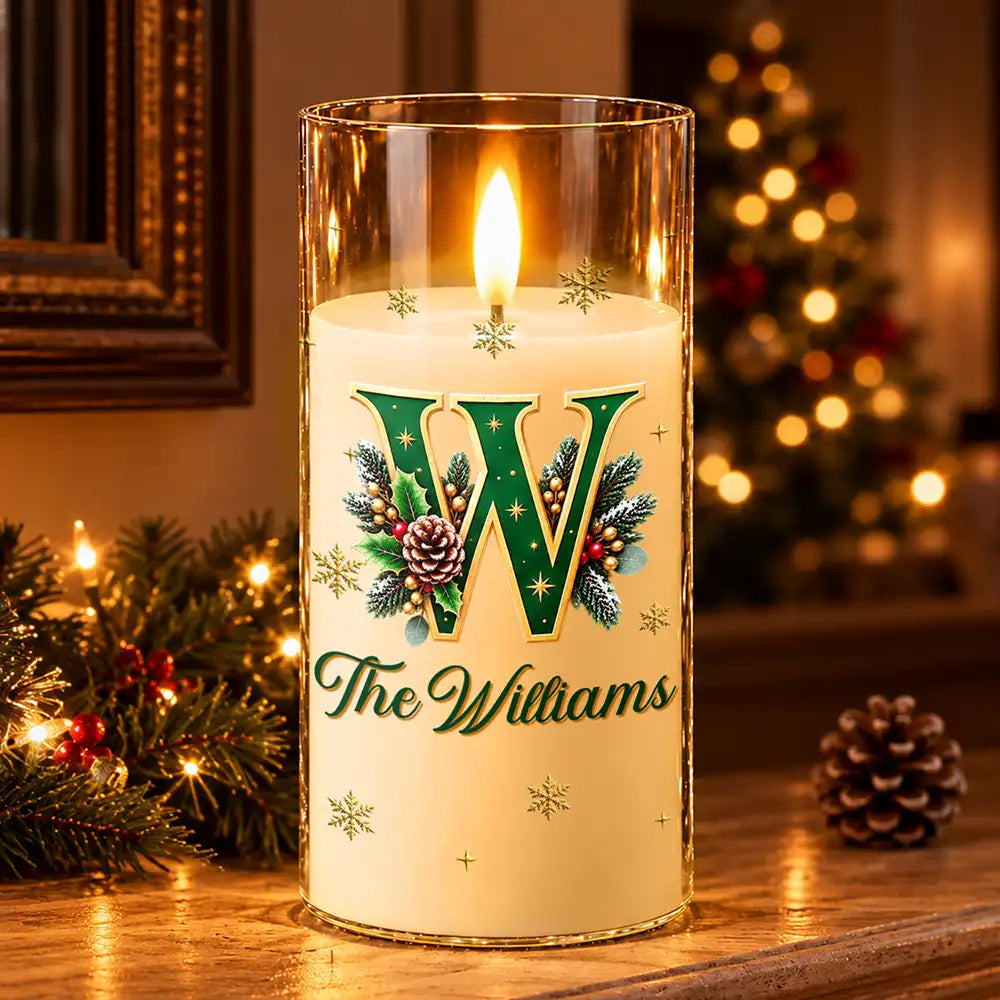 Christmas,Family,Icon,Sentimental - Christmas Home Decor Gift For Family - Personalized Monogram & Family Name Holly Botanical Initial LED Candle