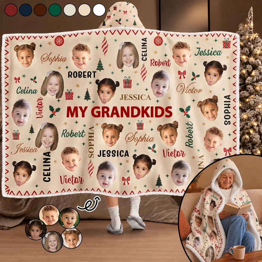Christmas Gift For Grandma Grandpa - Personalized Custom Photo My Grandkids With Name Pattern Wearable Hooded Blanket