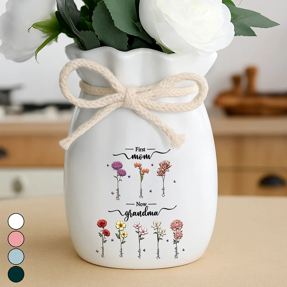 Birth Month Flowers First Mom Now Grandma - Personalized Ribbon Tie Flower Vase
