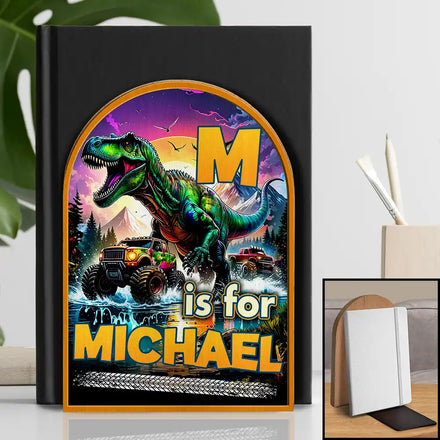 Dinosaur Big Trucks Kids - Personalized Wood Book Ends