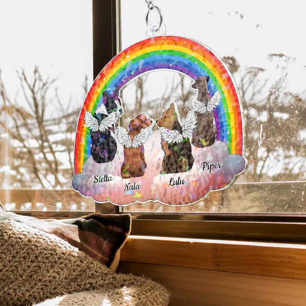 Love,Cat Lovers,Pet Lovers,Dog Lovers,Memorial - Dog Cat Sitting On The Cloud - Personalized Window Corner Suncatcher