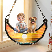 Dog Lovers, Dog Dad, Happy - Dog Lovers Sitting On The Moon - Personalized Window Hanging Suncatcher Ornament