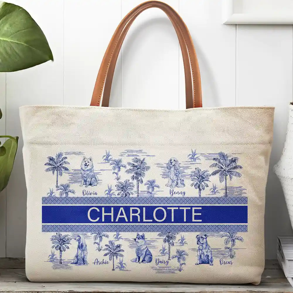 Dog Mom Dog Lovers Toile De Joey Pattern - Personalized Leather Handle Tote Bag