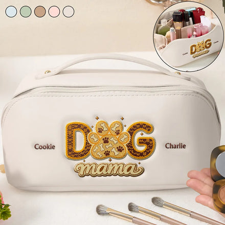 Dog Cat Mama Mom Custom Pet Name - Personalized Embroidered Leather Makeup Bag
