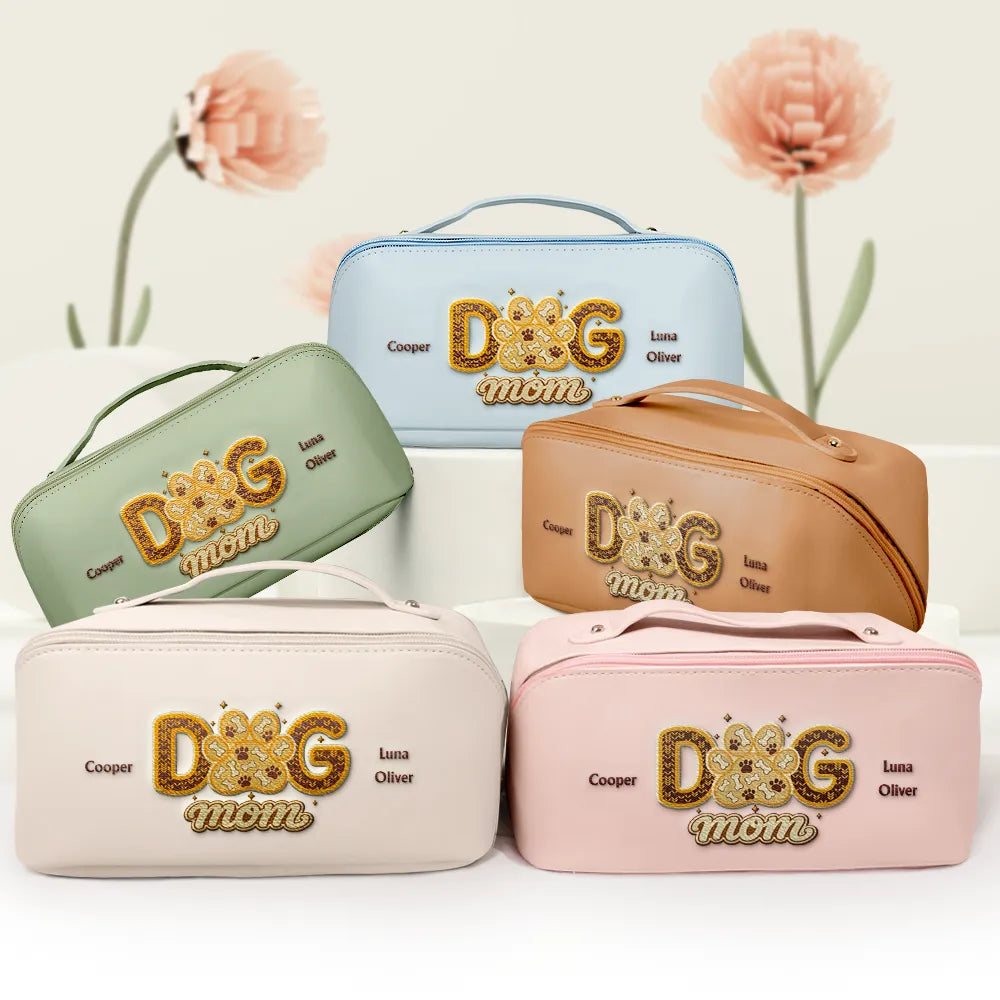 Pet Mom,Happy - Dog Cat Mama Mom Custom Pet Name - Personalized Embroidered Leather Makeup Bag