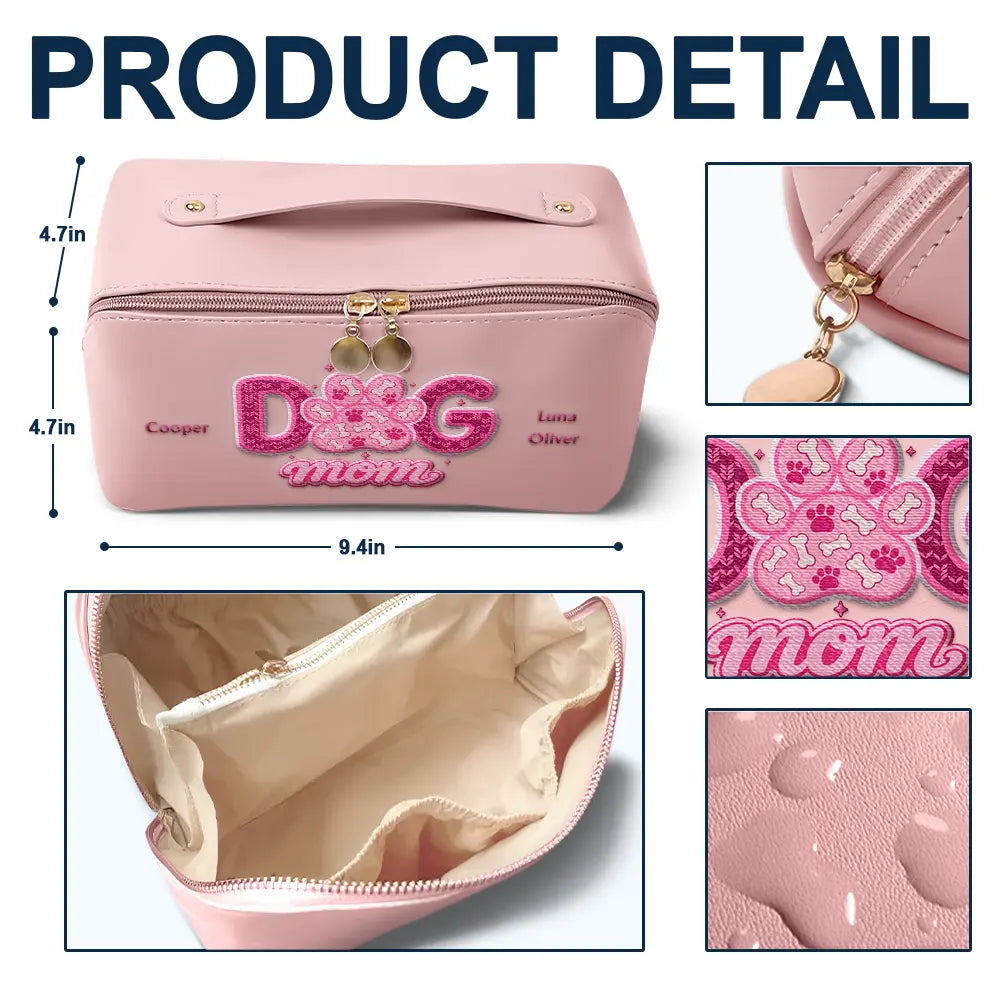 Pet Mom,Happy - Dog Cat Mama Mom Custom Pet Name - Personalized Embroidered Leather Makeup Bag