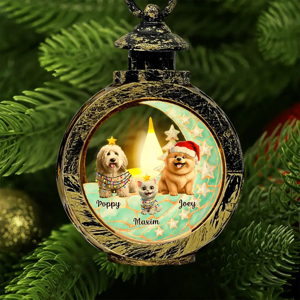 Dog Lovers,Dog Mom,Dog Dad,Dog Couple,Love,Christmas,Pet Lovers,Pet Mom,Pet Dad,Pet Couple,Cat Lovers,Cat Mom,Cat Dad,Cat Couple - Dog Cat Sitting With Stars 3D Effect - Personalized Candlelight Lantern Ornament