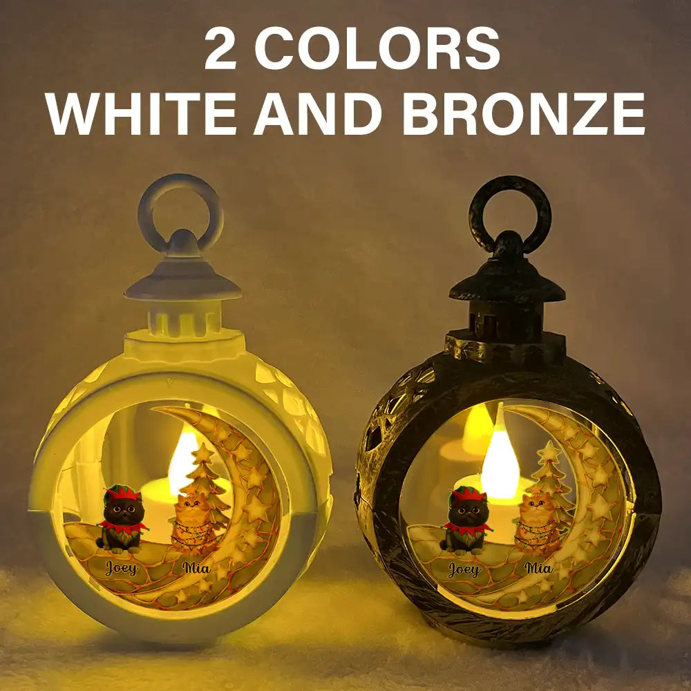 Dog Lovers,Dog Mom,Dog Dad,Dog Couple,Love,Christmas,Pet Lovers,Pet Mom,Pet Dad,Pet Couple,Cat Lovers,Cat Mom,Cat Dad,Cat Couple - Dog Cat Sitting With Stars 3D Effect - Personalized Candlelight Lantern Ornament