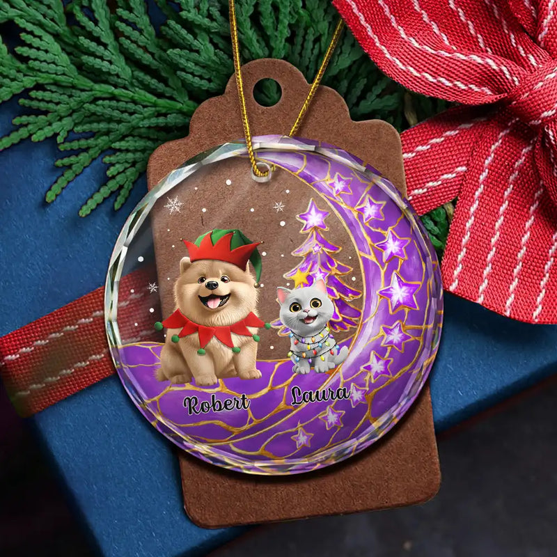 Dog Lovers,Dog Mom,Dog Dad,Dog Couple,Love,Christmas,Pet Lovers,Pet Mom,Pet Dad,Pet Couple,Cat Lovers,Cat Mom,Cat Dad,Cat Couple - Dog Cat Sitting With Stars 3D Effect - Personalized Circle Glass Ornament