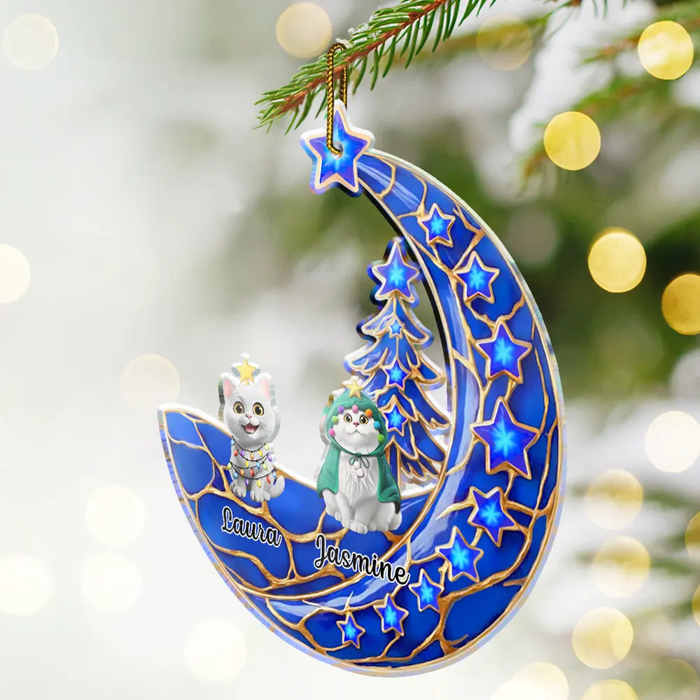 Dog Lovers,Dog Mom,Dog Dad,Dog Couple,Love,Christmas,Pet Lovers,Pet Mom,Pet Dad,Pet Couple,Cat Lovers,Cat Mom,Cat Dad,Cat Couple - Dog Cat Sitting With Stars 3D Effect - Personalized Custom Shaped Acrylic Ornament