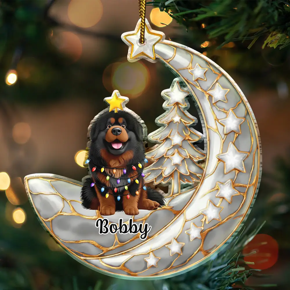 Dog Lovers,Dog Mom,Dog Dad,Dog Couple,Love,Christmas,Pet Lovers,Pet Mom,Pet Dad,Pet Couple,Cat Lovers,Cat Mom,Cat Dad,Cat Couple - Dog Cat Sitting With Stars 3D Effect - Personalized Custom Shaped Acrylic Ornament
