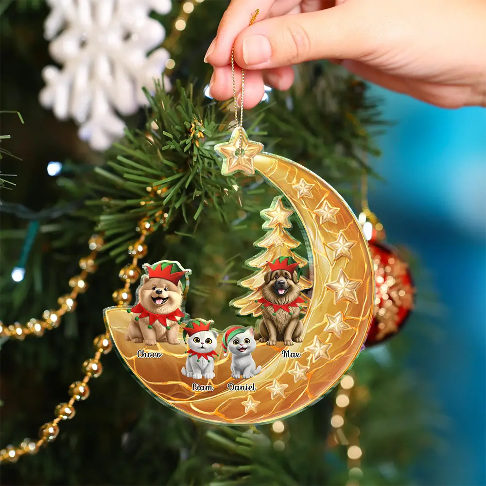 Dog Lovers,Dog Mom,Dog Dad,Dog Couple,Love,Christmas,Pet Lovers,Pet Mom,Pet Dad,Pet Couple,Cat Lovers,Cat Mom,Cat Dad,Cat Couple - Dog Cat Sitting With Stars 3D Effect - Personalized Custom Shaped Acrylic Ornament