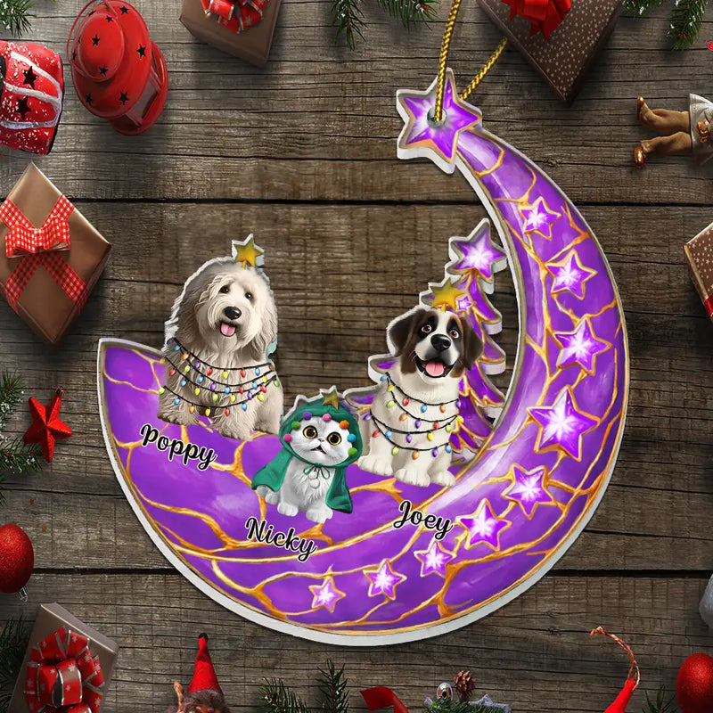 Dog Lovers,Dog Mom,Dog Dad,Dog Couple,Love,Christmas,Pet Lovers,Pet Mom,Pet Dad,Pet Couple,Cat Lovers,Cat Mom,Cat Dad,Cat Couple - Dog Cat Sitting With Stars 3D Effect - Personalized Custom Shaped Acrylic Ornament