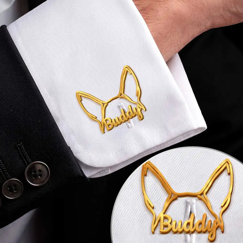 Adorable, Dog Lovers, Pet Lovers, Wedding, Vector - Dog Ears Line Art With Custom Name - Personalized Cufflinks