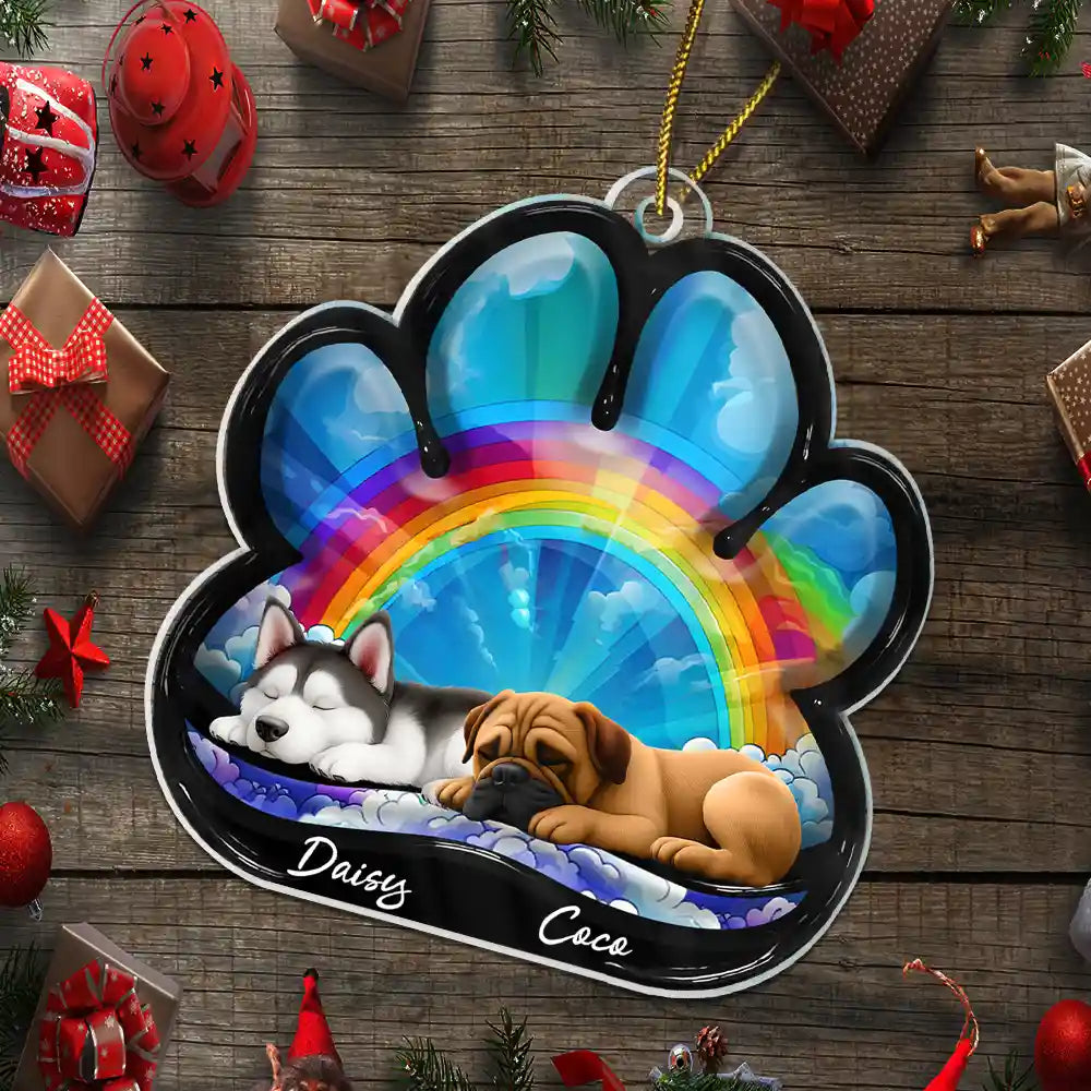 Christmas,Top Market,Pet Lovers,Pet Mom,Pet Dad,Dog Lovers,Dog Mom,Dog Dad,Happy - Dog Lying On Pawprint - Personalized Custom Shaped Acrylic Ornament
