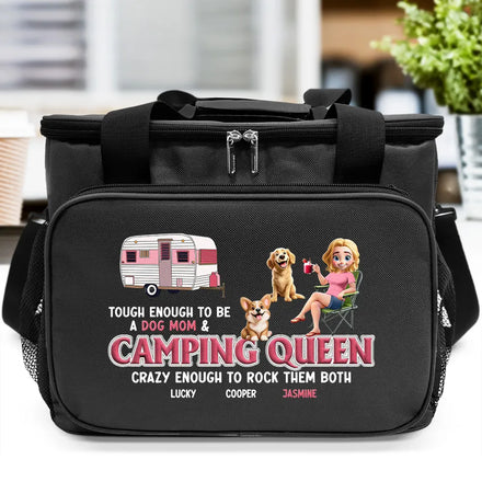 Dog Mom Camping Queen - Embroidery Text Effect Printed, Personalized Lunch Bag, Cooling Tote